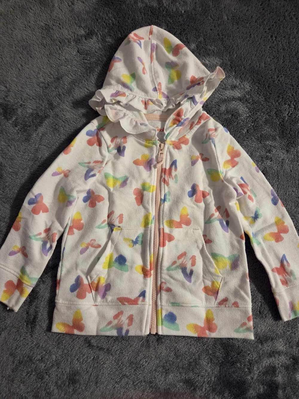 Cat & Jack White Girls' Hooded Zip Sweatshirt with Rainbow Butterfly Print